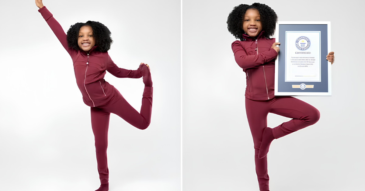Phoenix Giselle Hicks, professora de ioga mais jovem do mundo reconhecida pelo Guinness World Records.