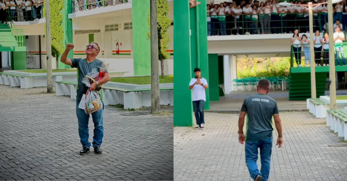 Motorista Seu Luiz durante homenagem feita por estudantes em escola de Viçosa do Ceará.