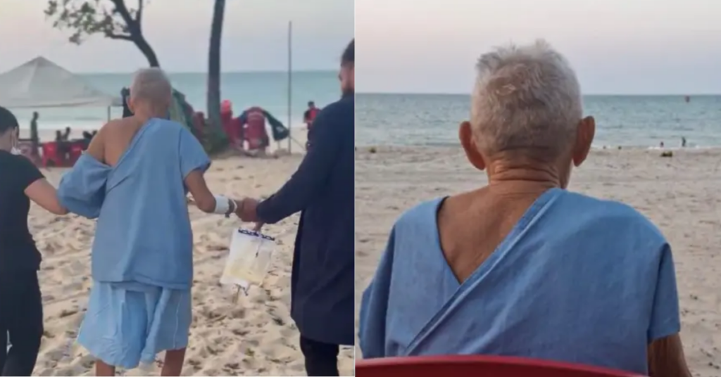 Pescador aposentado em cuidados paliativos durante visita à praia do Cumbuco, em Caucaia.