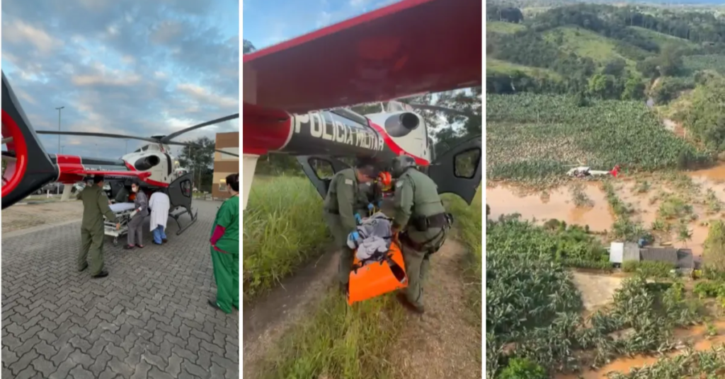 PM resgata idoso de 100 anos ilhado pelas chuvas em Eldorado, no interior de São Paulo.