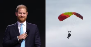Príncipe Harry cumpre promessa a amigo de 102 anos em salto de paraquedas que ajuda ex-militares
