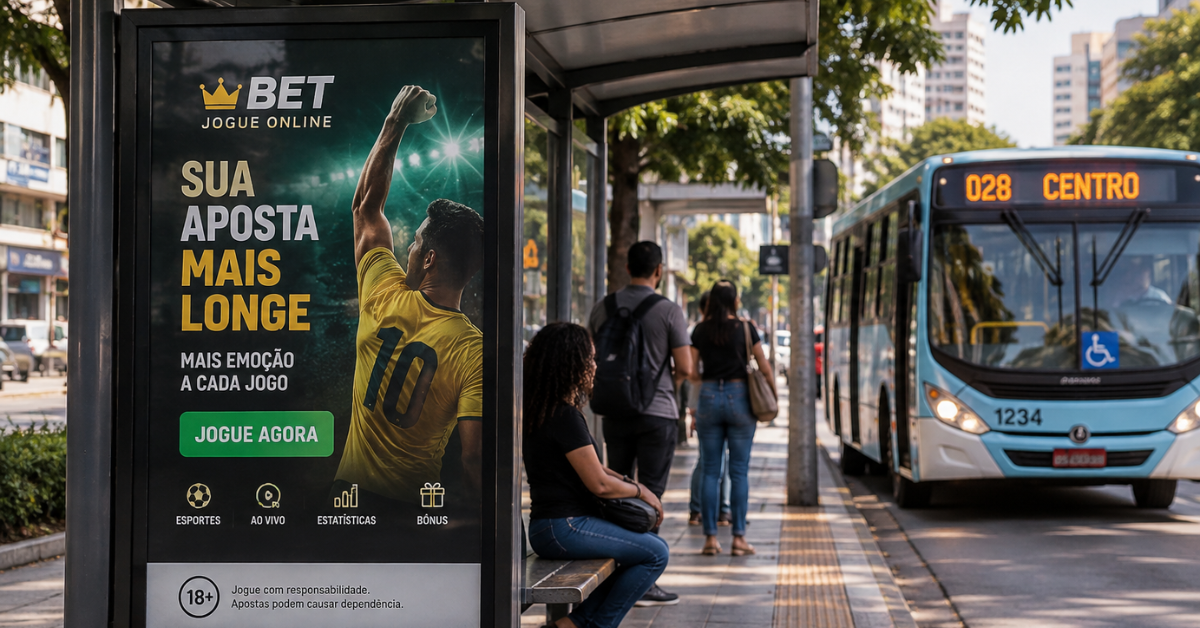 Propaganda de bets em painel de ponto de ônibus, com passageiros aguardando transporte e ônibus ao fundo.