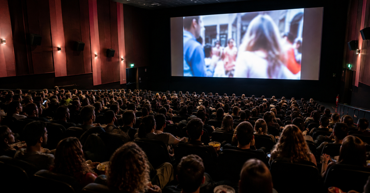 Sala de cinema lotada, com público sentado diante de uma grande tela.