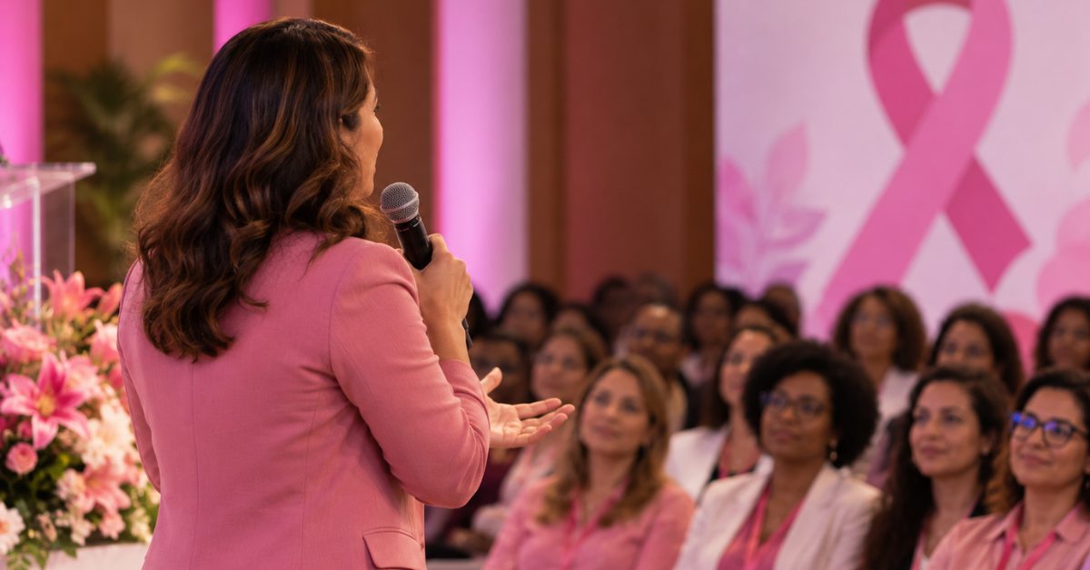 Mulher fala ao microfone durante evento sobre prevenção à saúde da mulher, diante de público feminino.