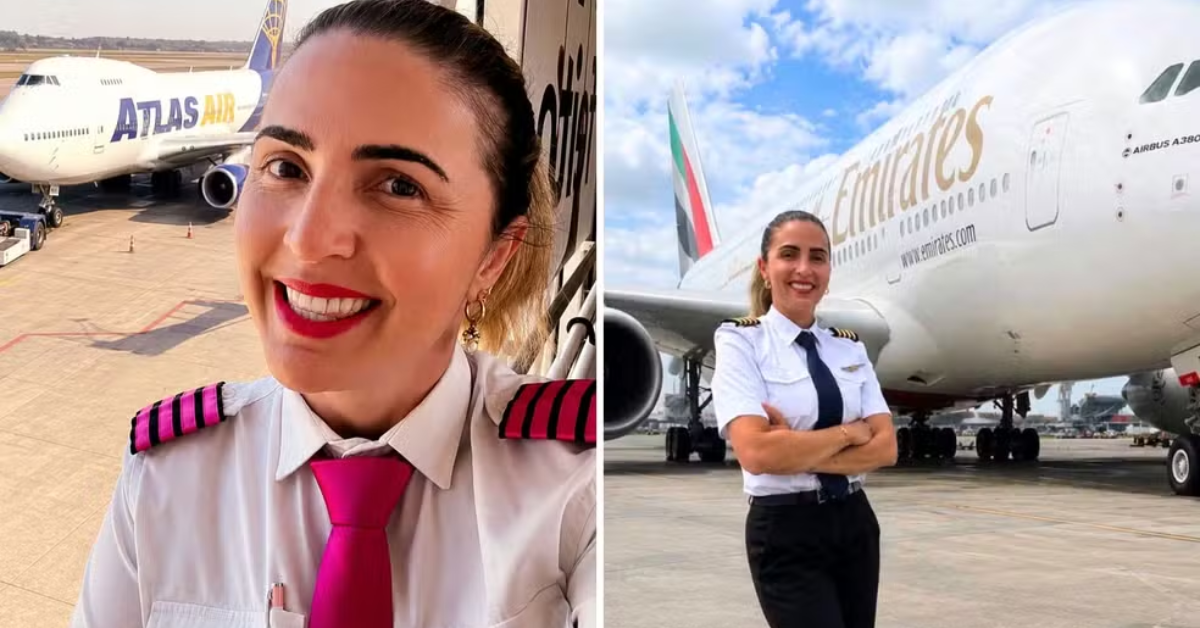 Tati Mônico, a Tati Piloto, aparece uniformizada ao lado de aviões em duas fotos.