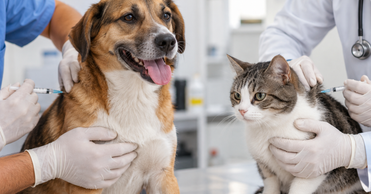 Cachorro e gato recebem vacinação contra raiva em atendimento veterinário.